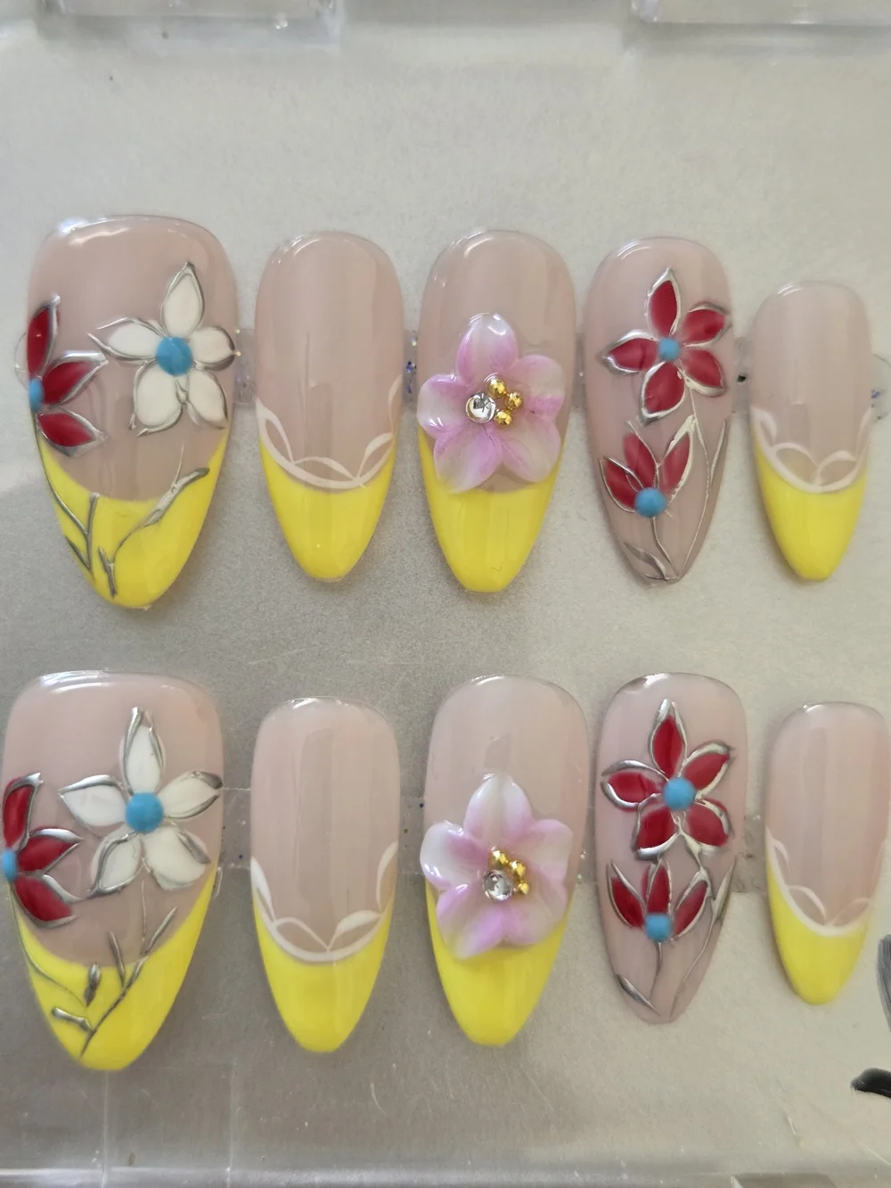 Nude & Yellow Floral Accent Press-On Nails for Women